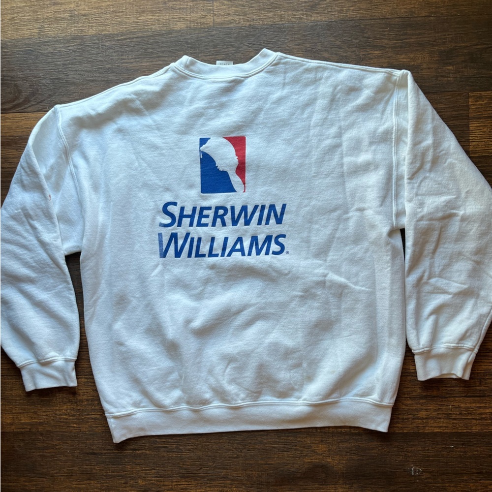 Men's Sherman Williams Sweatshirt White Spell-Out XL PILLING Crew Workwear Paint